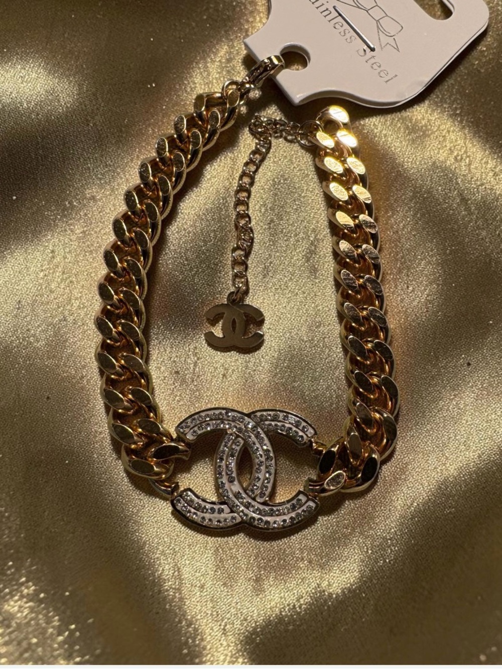Gold and Crystal Logo Curb Chain Bracelet